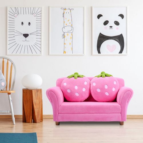 코스트웨이 Costway Kids Sofa Strawberry Armrest Chair Lounge Couch w2 Pillow Children Toddler Pink