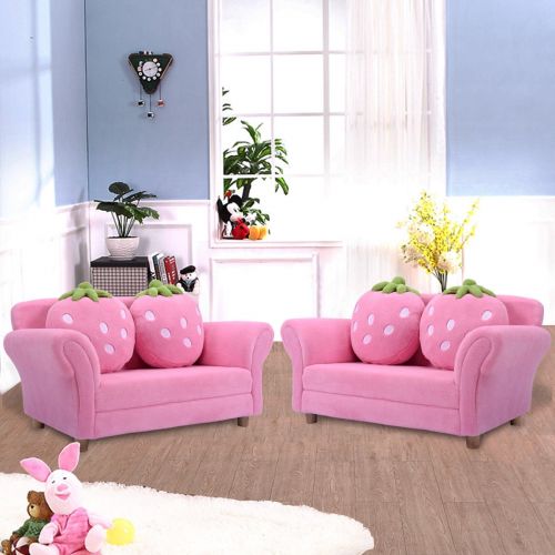 코스트웨이 Costway Kids Sofa Strawberry Armrest Chair Lounge Couch w2 Pillow Children Toddler Pink