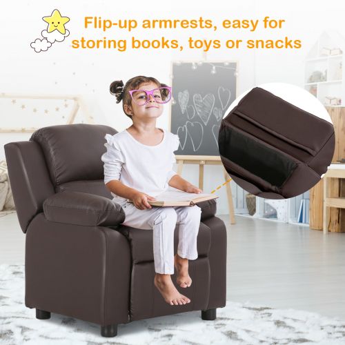 코스트웨이 Costway Brown Deluxe Padded Kids Sofa Armchair Recliner Headrest Children w Storage Arms