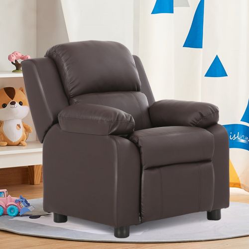 코스트웨이 Costway Brown Deluxe Padded Kids Sofa Armchair Recliner Headrest Children w Storage Arms