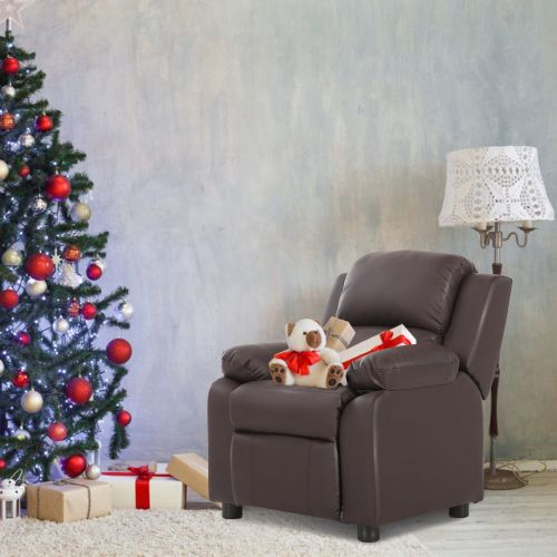 코스트웨이 Costway Brown Deluxe Padded Kids Sofa Armchair Recliner Headrest Children w Storage Arms