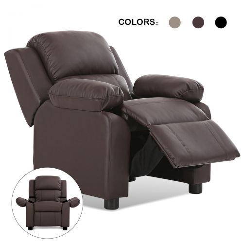 코스트웨이 Costway Brown Deluxe Padded Kids Sofa Armchair Recliner Headrest Children w Storage Arms