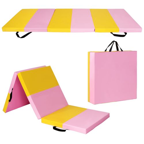 코스트웨이 Costway Pink&Yellow Tri-Fold Gymnastics Mat 6x2 Folding Fitness Exercise Carry Handles
