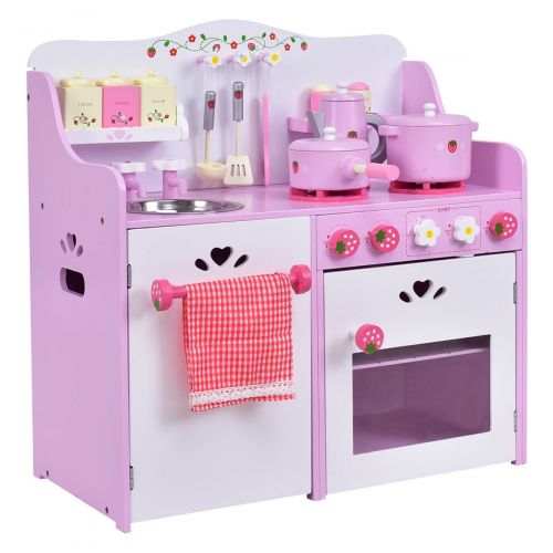 코스트웨이 Costway Kids Wooden Play Set Kitchen Toy Strawberry Pretend Cooking Playset Toddler