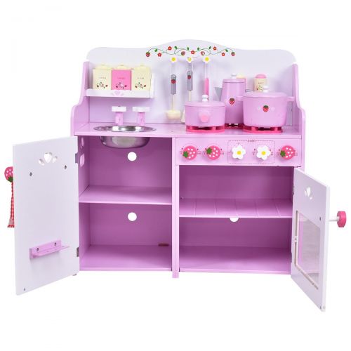 코스트웨이 Costway Kids Wooden Play Set Kitchen Toy Strawberry Pretend Cooking Playset Toddler