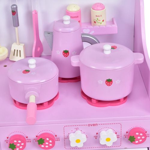 코스트웨이 Costway Kids Wooden Play Set Kitchen Toy Strawberry Pretend Cooking Playset Toddler