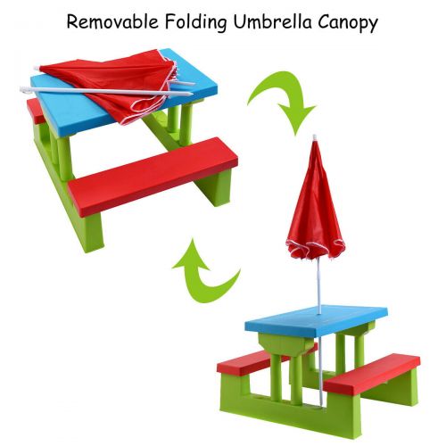 코스트웨이 Costway 4 Seat Kids Picnic Table wUmbrella Garden Yard Folding Children Bench Outdoor