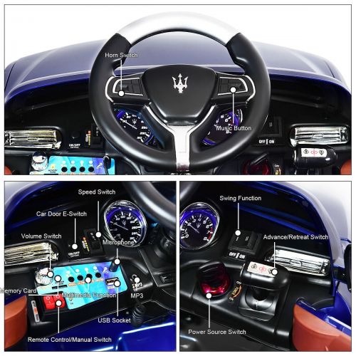 코스트웨이 Costway 6V Licensed Maserati Kids Ride On Car RC Remote Control Opening Doors MP3 Swing Blue