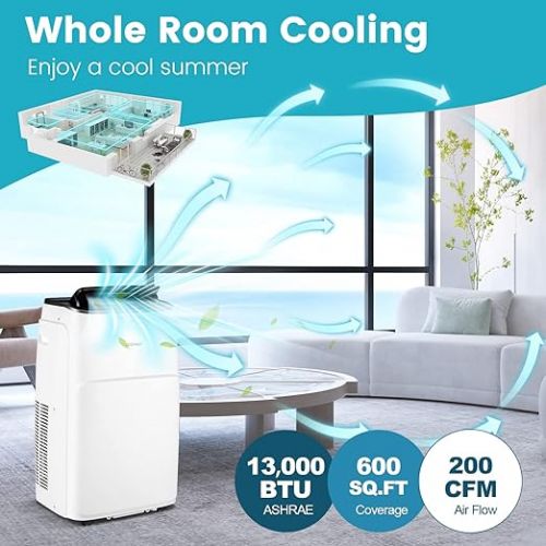 코스트웨이 COSTWAY 13,000 BTU Portable Air Conditioner, Smart WiFi Enabled AC with App & Voice Control, with Cool, Fan, Heat & Dehumidifier, Sleep Mode, 24H Timer, Remote Control & Window Kit