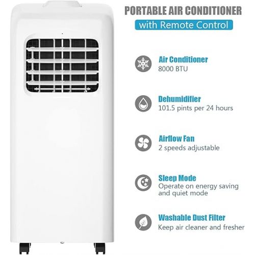 코스트웨이 COSTWAY Ashrae 8000 BTU Portable Air Conditioner with Remote Control, Energy Efficient for Rooms Up to 400 Sq. Ft, Cooling, Dehumidifying, Fanning, Sleeping Mode, Time Settings, Clear LED Display