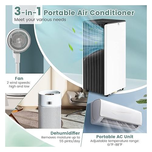 코스트웨이 COSTWAY 10000 BTU Portable Air Conditioner, 3-in-1 AC Unit with Dehumidifier & Smart Sleep Mode, 24H Timer & Remote Control, Cools Rooms up to 350 Sq.Ft, Window Kit Included (White + Black)