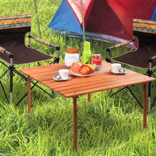 코스트웨이 Costway Picnic Folding Table Wood Roll Up Outdoor Camping Beach Dining Use Low Portable Table with Carrying Bag