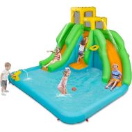 COSTWAY Inflatable Water Slide, 6-in-1 Bouncer Water Park with Climbing Wall, 2 Long Water Slides, Splash Pool, Water Cannons, Blow Up Water Slides for Backyard, Gift, Present (Without Blower)