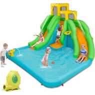 COSTWAY Inflatable Water Slide, 6-in-1 Bouncer Water Park with Climbing Wall, 2 Long Water Slides, Splash Pool, Water Cannons, Blow Up Water Slides for Backyard, Gift, Present (with Blower)