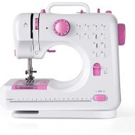 COSTWAY Electric Multifunctional Sewing Machine, 12 Stitches Portable Sewing Machine with Light Free Arm Battery, DC Adapter, Adjustable Sewing Speed (Pink+White)