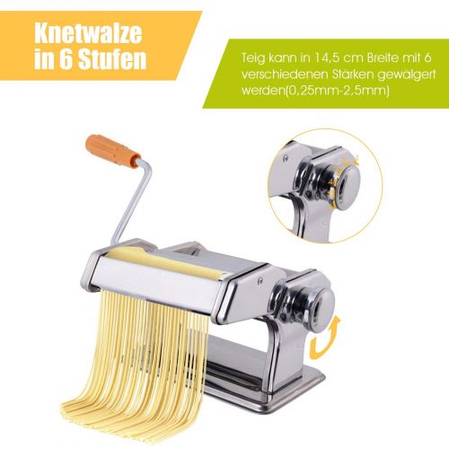 코스트웨이 COSTWAY Nudelmaschine manuell, Pastamaschine aus Edelstahl, Pastamaker 6 Nudelstarke, Kuechengerat Silber, Kueche Maschine inkl. Tischklemme, Spaghetti Nudeln Pasta Maker 20,5 x 20,5