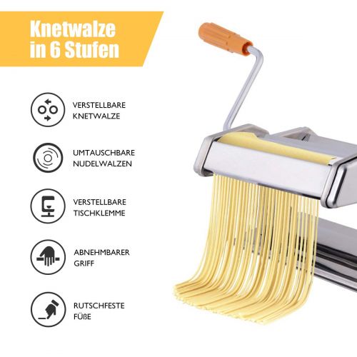 코스트웨이 COSTWAY Nudelmaschine manuell, Pastamaschine aus Edelstahl, Pastamaker 6 Nudelstarke, Kuechengerat Silber, Kueche Maschine inkl. Tischklemme, Spaghetti Nudeln Pasta Maker 20,5 x 20,5