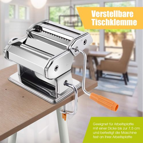 코스트웨이 COSTWAY Nudelmaschine manuell, Pastamaschine aus Edelstahl, Pastamaker 6 Nudelstarke, Kuechengerat Silber, Kueche Maschine inkl. Tischklemme, Spaghetti Nudeln Pasta Maker 20,5 x 20,5