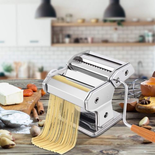 코스트웨이 COSTWAY Nudelmaschine manuell, Pastamaschine aus Edelstahl, Pastamaker 6 Nudelstarke, Kuechengerat Silber, Kueche Maschine inkl. Tischklemme, Spaghetti Nudeln Pasta Maker 20,5 x 20,5