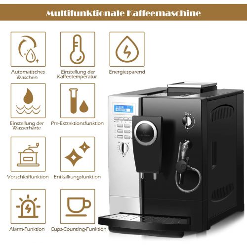 코스트웨이 COSTWAY Kaffeevollautomat Milchaufschaumduese / 2-Tassen-Funktion / 2 Liter Wassertank / 1200W / Edelstahl