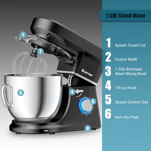 코스트웨이 [아마존베스트]COSTWAY Stand Mixer, 660W Tilt-head Electric Kitchen Food Mixer with 6-Speed Control, 7.5-Quart Stainless Steel Bowl, Dough Hook, Beater, Whisk (Red-update)