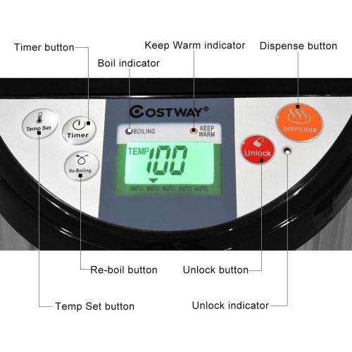 코스트웨이 Costway Instant Electric Hot Water Boiler and Warmer, 5-Liter LCD Water Pot with 5 Stage Temperature Settings, Safety Lock to Prevent Spillage, Stainless Steel Hot Water Dispenser