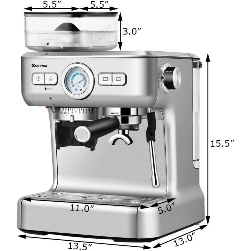 코스트웨이 COSTWAY Semi-Automatic Espresso Machine, 20 Bar Pump, Built-In Milk Frother and Steamer, 10s Preheating, PID Temperature Control, 2L Removable water tank, Drip Tray, Grinder with 3