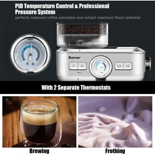 코스트웨이 COSTWAY Semi-Automatic Espresso Machine, 20 Bar Pump, Built-In Milk Frother and Steamer, 10s Preheating, PID Temperature Control, 2L Removable water tank, Drip Tray, Grinder with 3