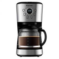 COSTWAY 12-Cup Coffee Maker, Programmable Brew Machine with LCD Display, Removable Mesh Filter, Warming Plate, Anti-drip System, Sprinkler Head, with 1.8L Glass Carafe and Spoon, S