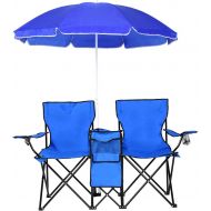 COSTWAY Portable Folding Picnic Double Chair W/Umbrella Table Cooler Beach Camping Chair, Blue