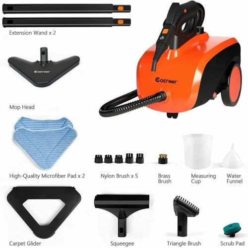 코스트웨이 [아마존베스트]COSTWAY Multipurpose Steam Cleaner with 19 Accessories, Heavy Duty Household Steamer Chemical-Free Cleaning, 1.5L Dual-Tank Rolling Cleaning Machine for Carpet, Floors, Windows and