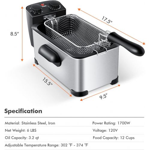 코스트웨이 [아마존베스트]COSTWAY Deep Fryer, 1700W Electric Stainless Steel Deep Fryer -3.2qt Oil Container & Lid w/View Window, 12 Cups Frying Basket w/Hook, Adjustable Temperature and Timer, Professional