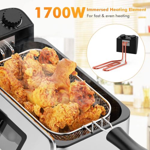 코스트웨이 [아마존베스트]COSTWAY Deep Fryer, 1700W Electric Stainless Steel Deep Fryer -3.2qt Oil Container & Lid w/View Window, 12 Cups Frying Basket w/Hook, Adjustable Temperature and Timer, Professional