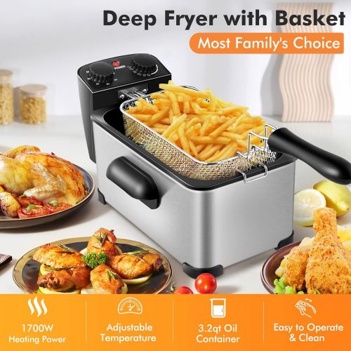 코스트웨이 [아마존베스트]COSTWAY Deep Fryer, 1700W Electric Stainless Steel Deep Fryer -3.2qt Oil Container & Lid w/View Window, 12 Cups Frying Basket w/Hook, Adjustable Temperature and Timer, Professional