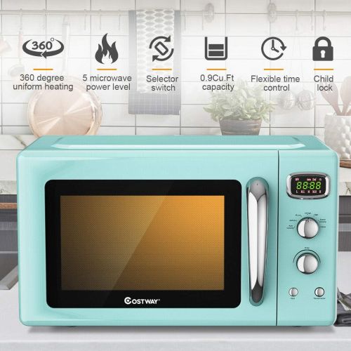 코스트웨이 [아마존베스트]COSTWAY Retro Countertop Microwave Oven, 0.9Cu.ft, 900W Microwave Oven, with 5 Micro Power, Defrost & Auto Cooking Function, LED Display, Glass Turntable and Viewing Window, Child