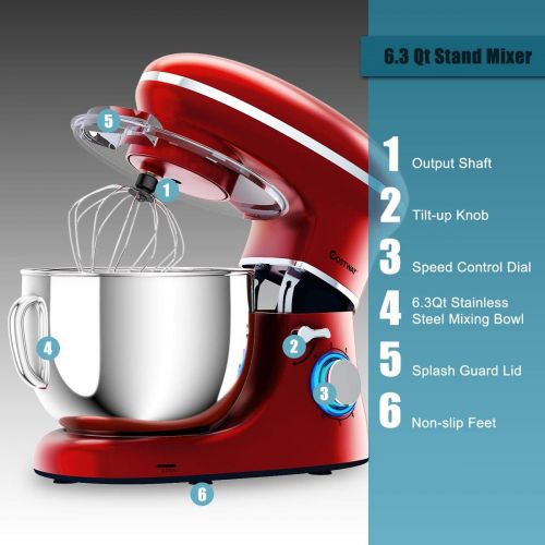 코스트웨이 [아마존베스트]COSTWAY Stand Mixer, 660W Electric Kitchen Food Mixer with 6-Speed Control, 6.3-Quart Stainless Steel Bowl, Dough Hook, Beater, Whisk (Red-update)