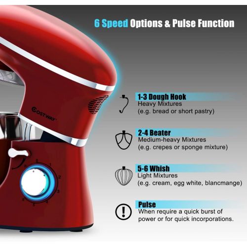 코스트웨이 [아마존베스트]COSTWAY Stand Mixer, 660W Electric Kitchen Food Mixer with 6-Speed Control, 6.3-Quart Stainless Steel Bowl, Dough Hook, Beater, Whisk (Red-update)