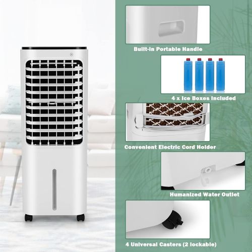 코스트웨이 COSTWAY Evaporative Cooler, Include Remote Control, 4 Ice Packs, Bladeless Fan with 4 Wind Modes, 3 Speeds, 7.5H Timer, 12L Water Tank, LED Display, Portable Air Cooler for Indoor