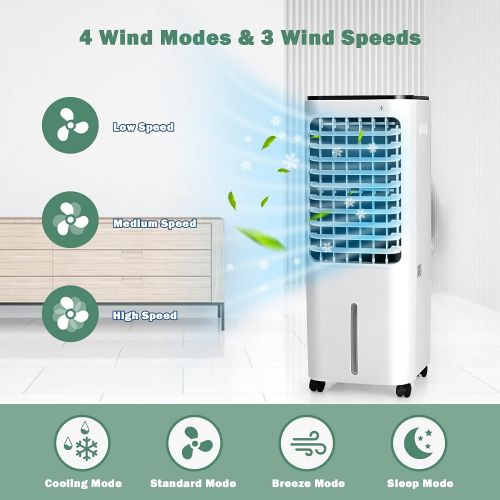 코스트웨이 COSTWAY Evaporative Cooler, Include Remote Control, 4 Ice Packs, Bladeless Fan with 4 Wind Modes, 3 Speeds, 7.5H Timer, 12L Water Tank, LED Display, Portable Air Cooler for Indoor
