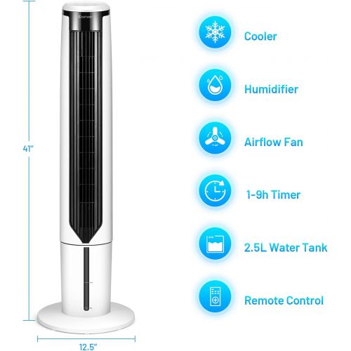 코스트웨이 COSTWAY Evaporative Cooler, Include Remote Control, 4 Ice Packs, Portable Bladeless Cooler with 3 Modes, 3 Speeds, 9H Timer, LED Display, Air Cooler for Indoor Use, Bedroom (White)