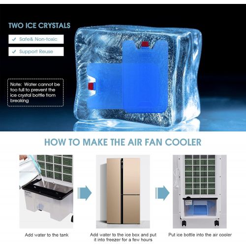 코스트웨이 COSTWAY Evaporative Cooler, Portable Cooling Fan with Remote Control, 3-Mode, 3-Speed and 7.5H Timer Function, Include Ice Crystal Boxes, Water Tank and Casters, Bladeless Air Cool
