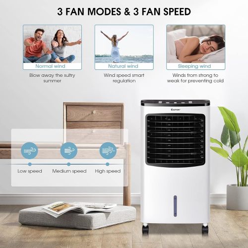 코스트웨이 COSTWAY Evaporative Cooler, Portable Cooling Fan with Remote Control, 3-Mode, 3-Speed and 7.5H Timer Function, Include Ice Crystal Boxes, Water Tank and Casters, Bladeless Air Cool