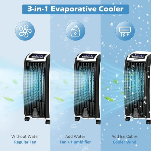 코스트웨이 COSTWAY Evaporative Cooler, Portable Cooling Fan with Remote Control, 3-Mode, 3-Speed and 7.5H Timer Function, Include Ice Crystal Boxes, Water Tank and Casters, Bladeless Cooler f