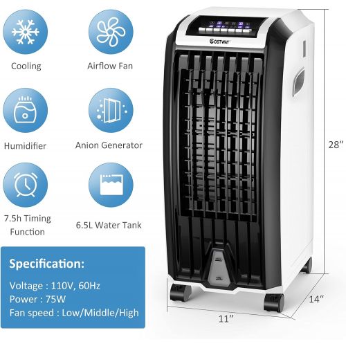 코스트웨이 COSTWAY Evaporative Cooler, Portable Cooling Fan with Remote Control, 3-Mode, 3-Speed and 7.5H Timer Function, Include Ice Crystal Boxes, Water Tank and Casters, Bladeless Cooler f