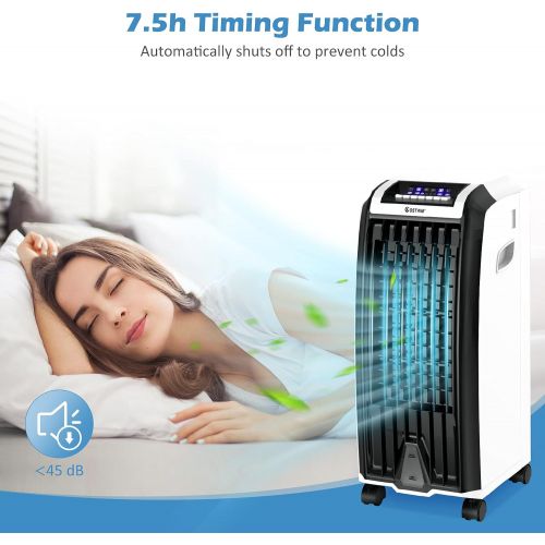 코스트웨이 COSTWAY Evaporative Cooler, Portable Cooling Fan with Remote Control, 3-Mode, 3-Speed and 7.5H Timer Function, Include Ice Crystal Boxes, Water Tank and Casters, Bladeless Cooler f