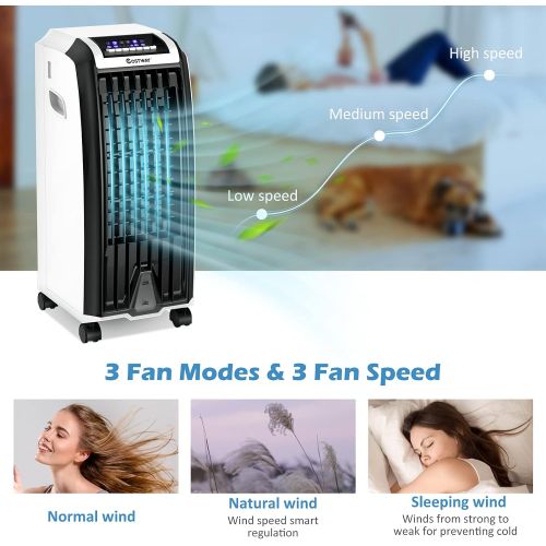 코스트웨이 COSTWAY Evaporative Cooler, Portable Cooling Fan with Remote Control, 3-Mode, 3-Speed and 7.5H Timer Function, Include Ice Crystal Boxes, Water Tank and Casters, Bladeless Cooler f