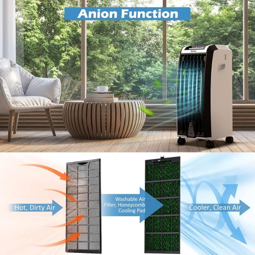 코스트웨이 COSTWAY Evaporative Cooler, Portable Cooling Fan with Remote Control, 3-Mode, 3-Speed and 7.5H Timer Function, Include Ice Crystal Boxes, Water Tank and Casters, Bladeless Cooler f