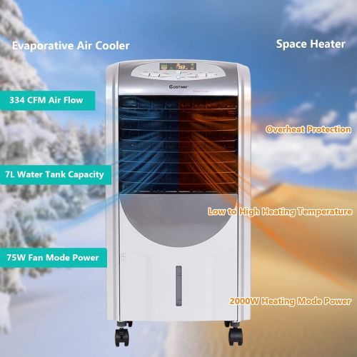 코스트웨이 COSTWAY Evaporative Cooler and Heater, 5-in-1 Portable Air Cooler with Remote Control, 8-Hour Timer, 2 Ice Boxes, Quiet Operation, Bladeless Air Cooler for Indoor Use Home Office D