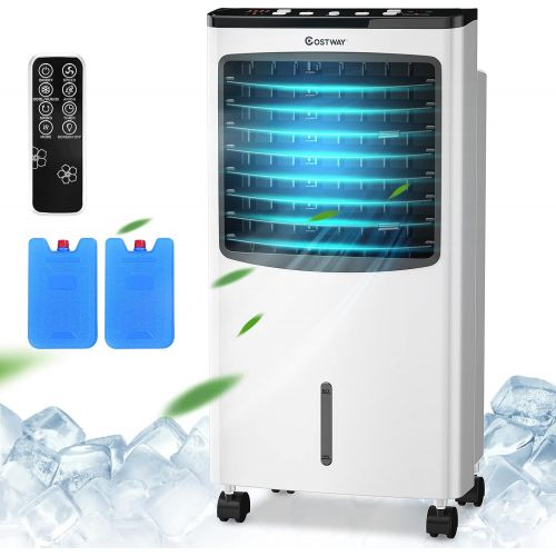 코스트웨이 COSTWAY Evaporative Cooler, Portable Cooling Fan with Remote Control, 3-Mode, 3-Speed and 7.5H Timer Function, Include Ice Crystal Boxes, Water Tank and Casters, Bladeless Air Cool