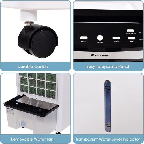 코스트웨이 COSTWAY Evaporative Cooler, Portable Cooling Fan with Remote Control, 3-Mode, 3-Speed and 7.5H Timer Function, Include Ice Crystal Boxes, Water Tank and Casters, Bladeless Air Cool